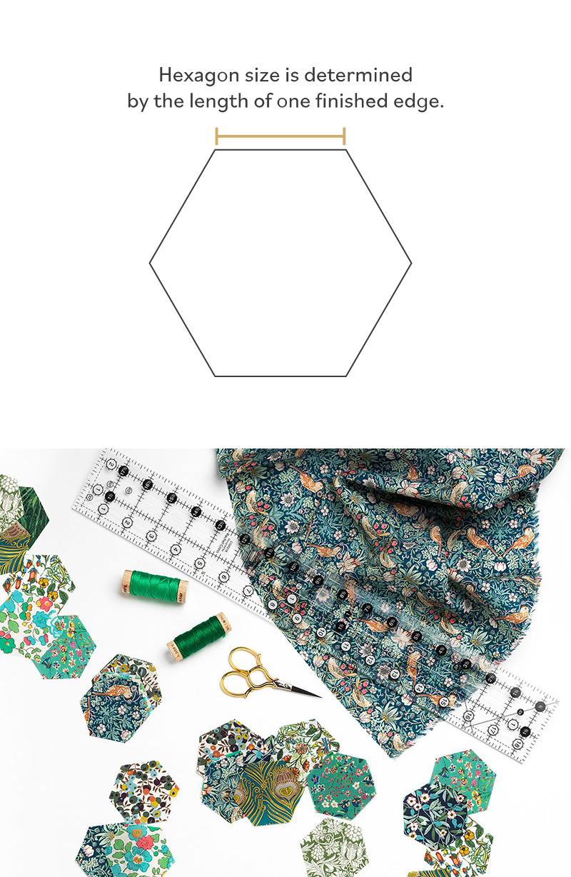 Green fabric charm hexagons and a ruler on a white background.